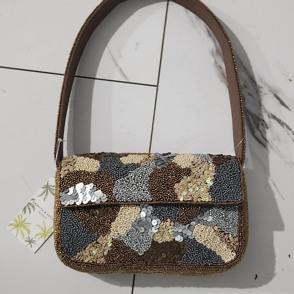 Sequin Embellished Shoulder Bag - Brown and Silver